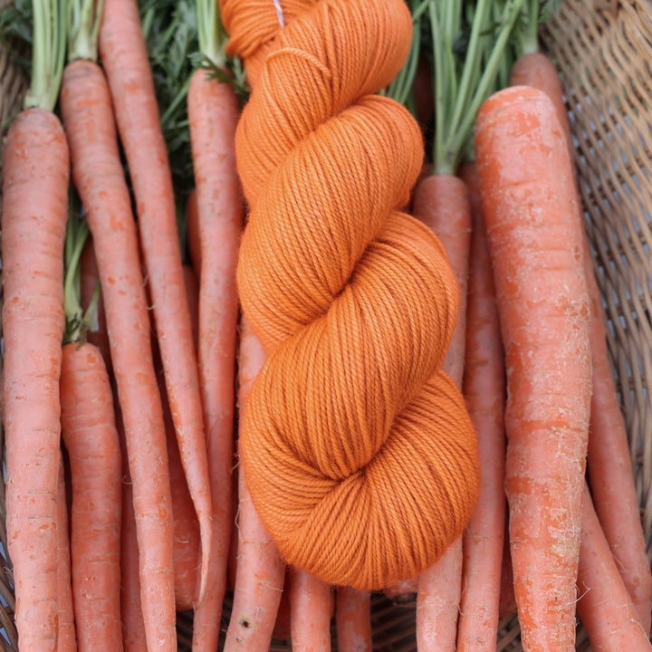 Sport yarn colored a carrot orange color. This skin is on top of a basket of fresh garden carrots