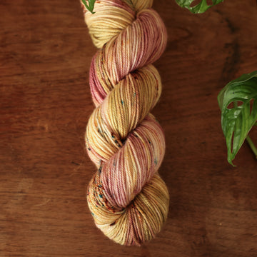 DK yarn with shades of yellow and pink with dark brown and blue speckles, on top of a wooden table with a plant peeking out of the frame.