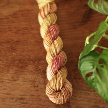 DK mini yarn with shades of yellow and pink with dark brown and blue speckles, on top of a wooden table with a plant peeking out of the frame.