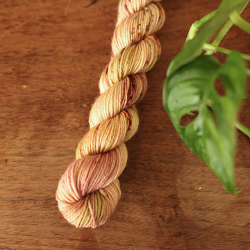 Fingering mini yarn with shades of yellow and pink with dark brown and blue speckles, on top of a wooden table with a plant peeking out of the frame.