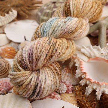 Bulky yarn that is colored with different light browns and creme colors along with some blues and speckles of blue brown and pink. This yarn is on top of a bunch of different types  of light colored shells and sea stars and sand dollars.