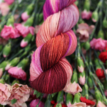  A DK skein of yarn colored with various amounts of lavenders, reds, pinks, fuschia, pale yellows and purples. This skein is sitting on top of colorful flowers.