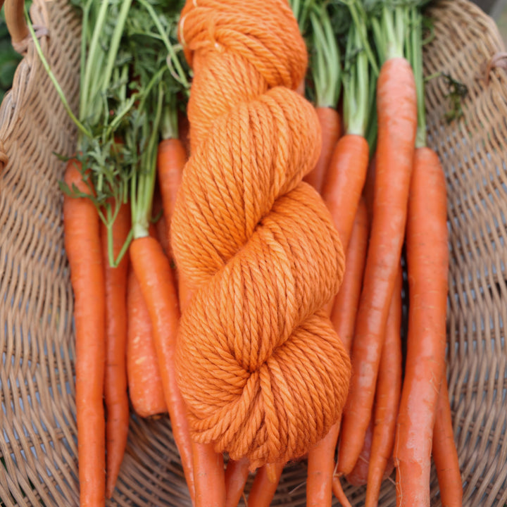 Bulky yarn colored a carrot orange color. This skin is on top of a basket of fresh garden carrots