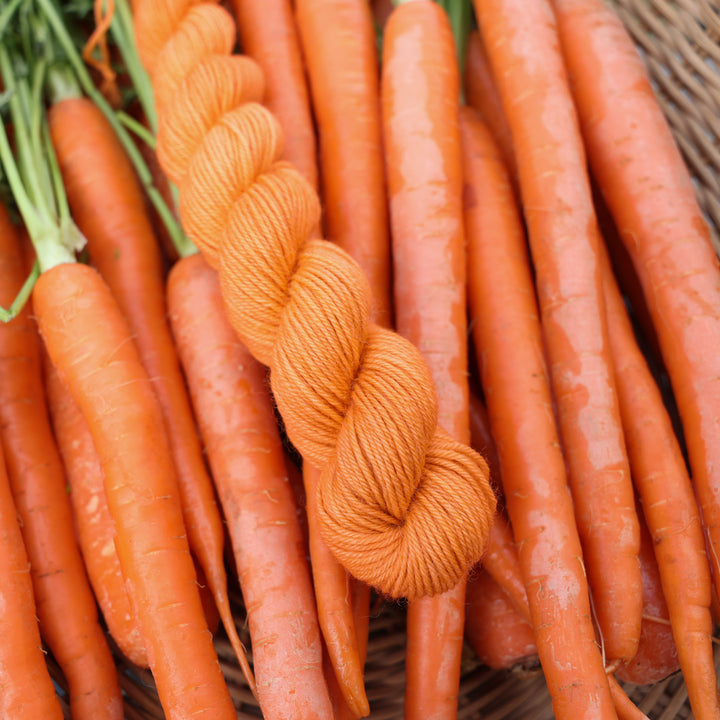 Fingering mini yarn colored a carrot orange color. This skin is on top of a basket of fresh garden carrots