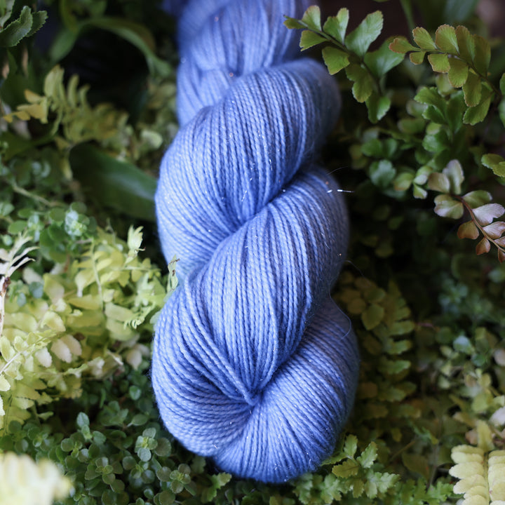 Sparkle fingering yarn colored a light blue. This skein is on top of a bed of ferns and plants.