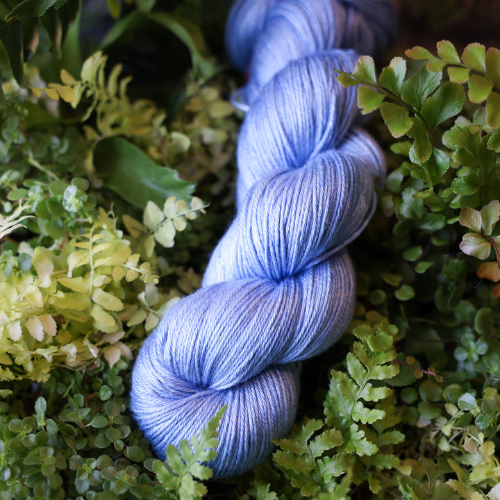 DK silk yarn colored a light blue. This skein is on top of a bed of ferns and plants.