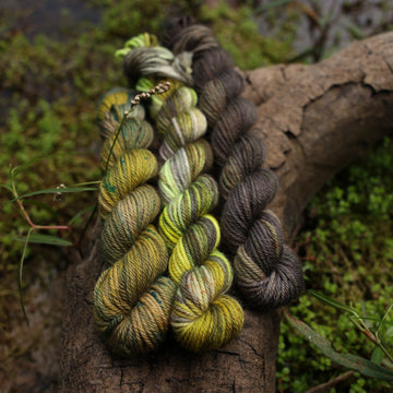 Different DK mini yarn skeins, one colored a lime green and grey, one colored a dark grey, and one colored green with blue speckles, on top of a tree limb that is hovering over a pond, with different mossy plants around the pond, and around the yarn.