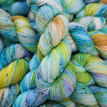 DK yarn with light shades of blue and speckles of purple, with some light greens and browns. There are more skeins like this of different weights underneath.