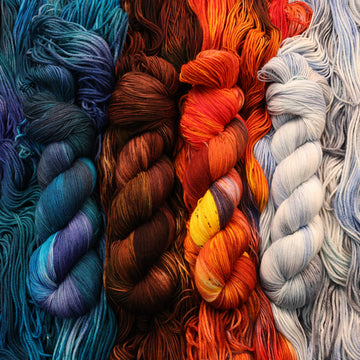 Blue, brown, red, and a light blue/white Fingering yarn skeins with unwound skeins of each of those colors underneath its corresponding skein.