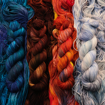 Blue, brown, red, and a light blue/white sport yarn skeins with unwound skeins of each of those colors underneath its corresponding skein.