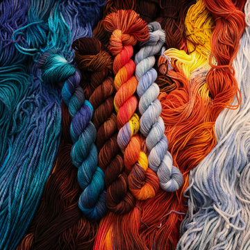 Blue, brown, red, and a light blue/white Fingering Mini yarn skeins with unwound skeins of each of those colors underneath its corresponding skein.