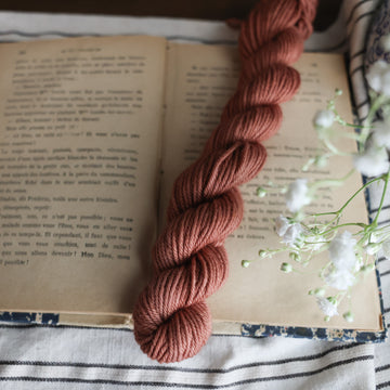 A DK Mini skein of yarn colored  a moody salmon pink tonal-solid, sitting on top of a book. there is a blue and white vase with white flowers  sticking out of it. All are sitting on top of a black and white striped table cloth.