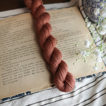 A Fingering Mini skein of yarn colored  a moody salmon pink tonal-solid, sitting on top of a book. there is a blue and white vase with white flowers  sticking out of it. All are sitting on top of a black and white striped table cloth.