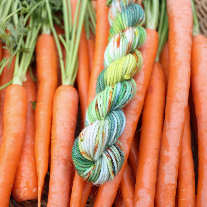 DK mini yarn colored different shades of light and dark green, white, some blue, yellow, and speckles of orange red. This yarn is in a basket of garden carrots.