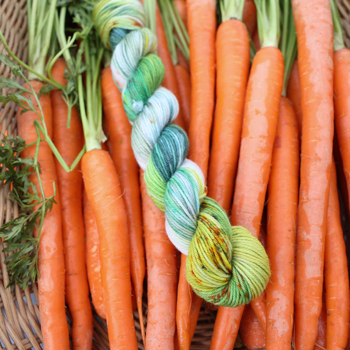 Fingering mini yarn colored different shades of light and dark green, white, some blue, yellow, and speckles of orange red. This yarn is in a basket of garden carrots.