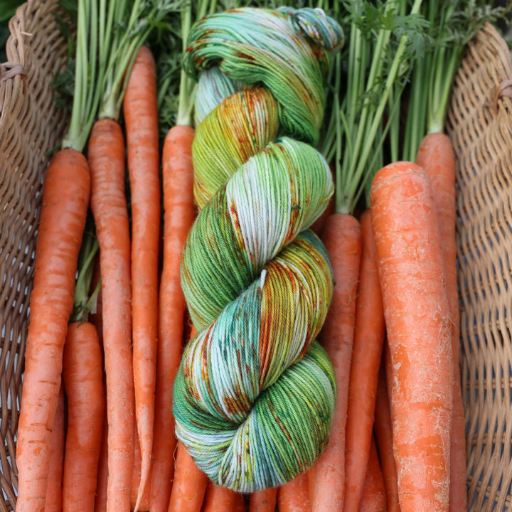 Sock yarn colored different shades of light and dark green, white, some blue, yellow, and speckles of orange red. This yarn is in a basket of garden carrots.