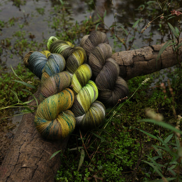 Different Fingering yarn skeins, one colored a lime green and grey, one colored a dark grey, and one colored green with blue speckles, on top of a tree limb that is hovering over a pond, with different mossy plants around the pond, and around the yarn.