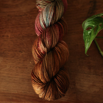 DK yarn colored with different shades of dark and light brown with little hints of red and green, on top of a wooden table with some of a plant peeking into the frame.