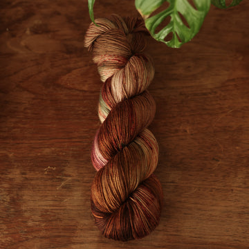 Fingering yarn colored with different shades of dark and light brown with little hints of red and green, on top of a wooden table with some of a plant peeking into the frame.