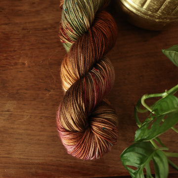 Sport yarn colored with different shades of dark and light brown with little hints of red and green, on top of a wooden table with some of a plant peeking into the frame.