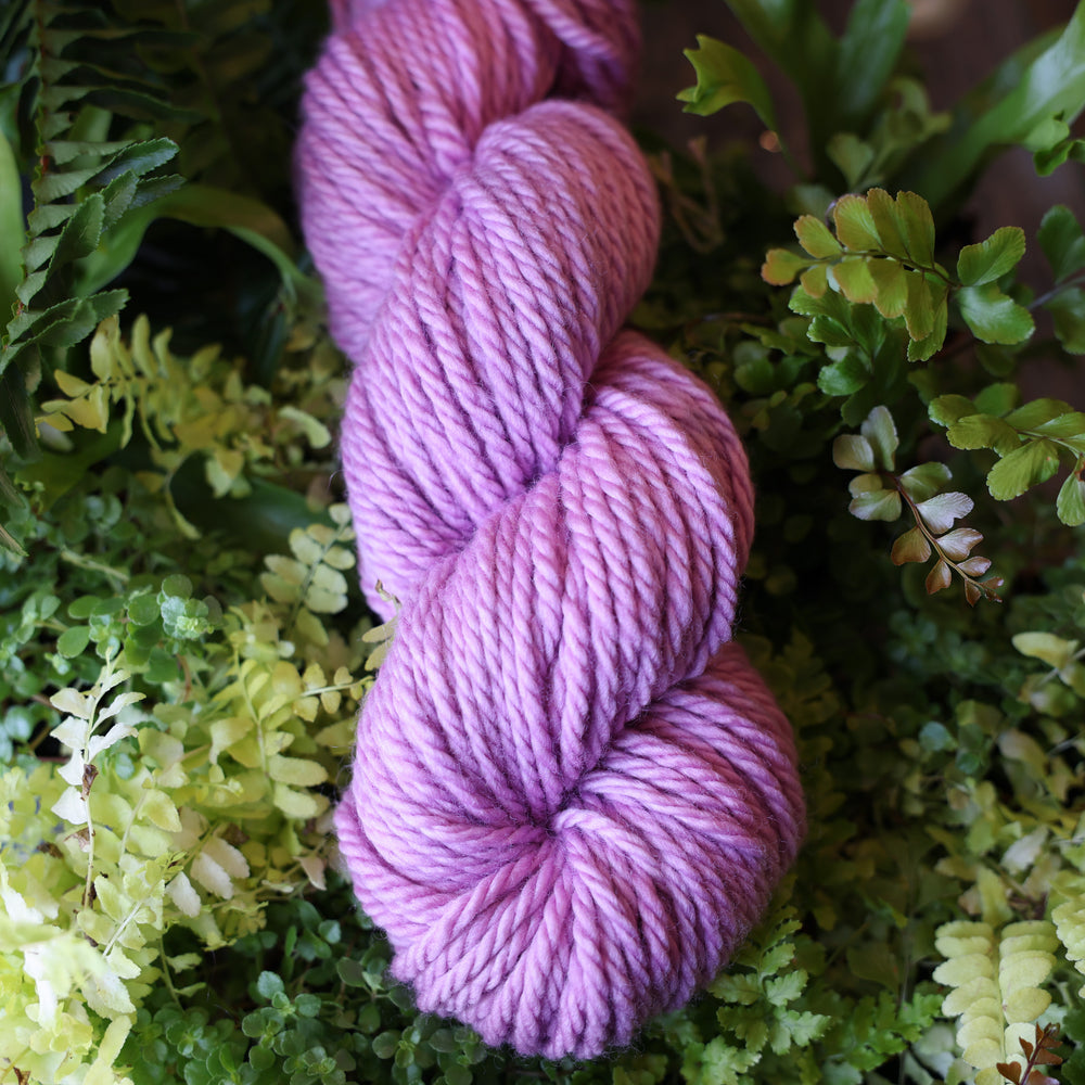 Bulky yarn colored a light violet pink color. This skein is on top of a bed of ferns and plants
