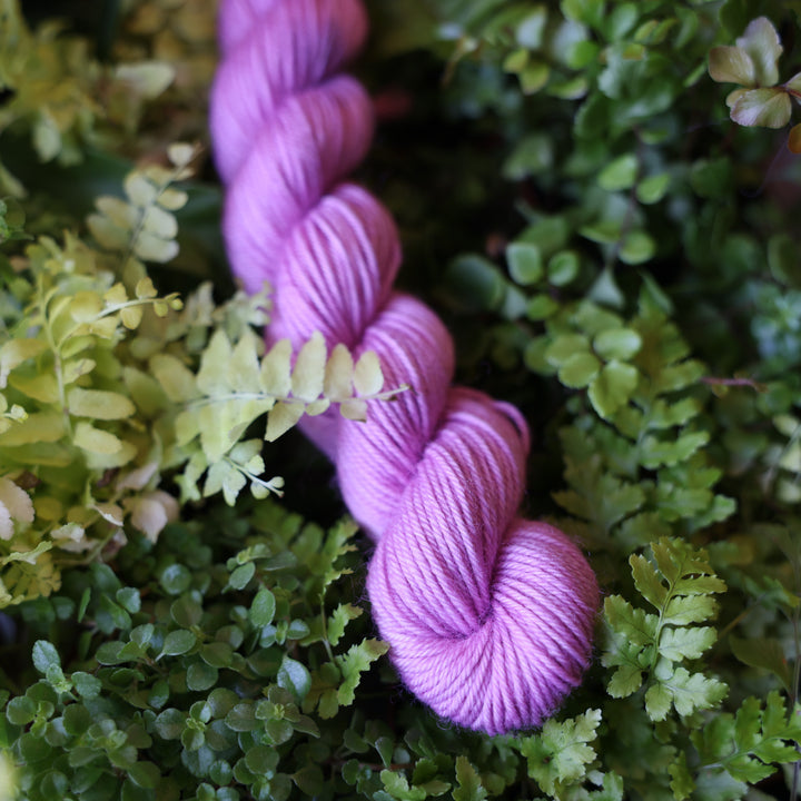 Fingering mini yarn colored a light violet pink color. This skein is on top of a bed of ferns and plants