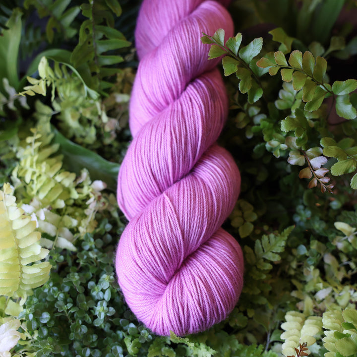 Fingering yarn colored a light violet pink color. This skein is on top of a bed of ferns and plants