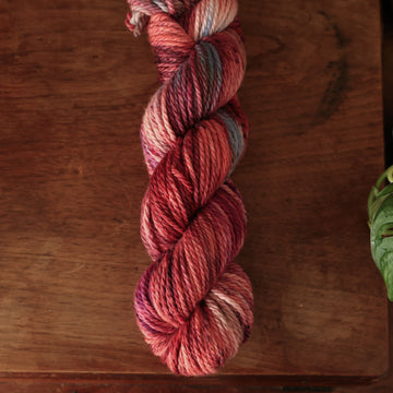 Bulky yarn colored with different shades of red and some purple and blue colors mixed in, on top of a brown wooden table with a plant peaking out.