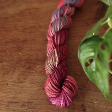 DK mini yarn colored with different shades of red and some purple and blue colors mixed in, on top of a brown wooden table with a plant peaking out.
