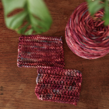 Crochet and Knit swatches colored with different shades of red and some purple and blue colors mixed in, with a caked version of this yarn in the corner with a plant peeking in the frame.