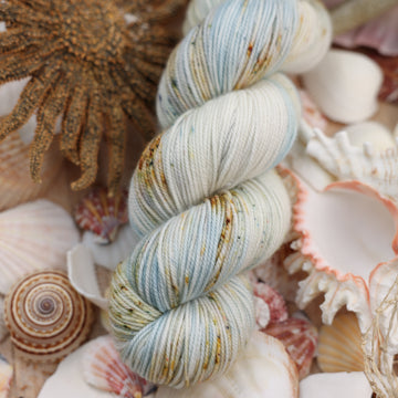 Sport yarn that is colored a very light blue and cream and has different colored dark brown and dark blue speckles. This yarn is on top of a bunch of different types  of light colored shells and sea stars and sand dollars.