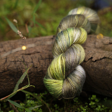 A Silk yarn skein colored with different shades of green and grey, on top of a tree limb that is hovering over a pond, with different mossy plants around the pond, and around the yarn.