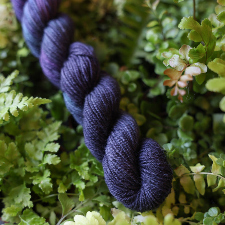 Fingering mini yarn colored dark purple and some dark blue. This skein is on top of a bed of ferns and plants