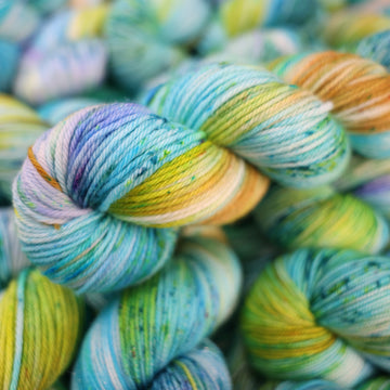 Worsted yarn with light shades of blue and speckles of purple, with some light greens and browns. There are more skeins like this of different weights underneath.