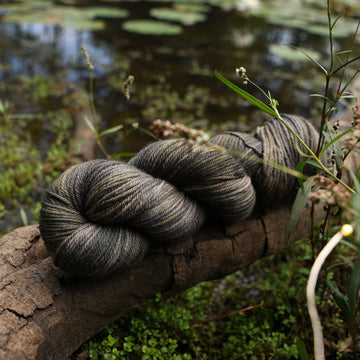 A dark grey worsted yarn with hints of green colors, on top of a tree limb that is hovering over a pond, with different plants around the pond, and around the yarn.