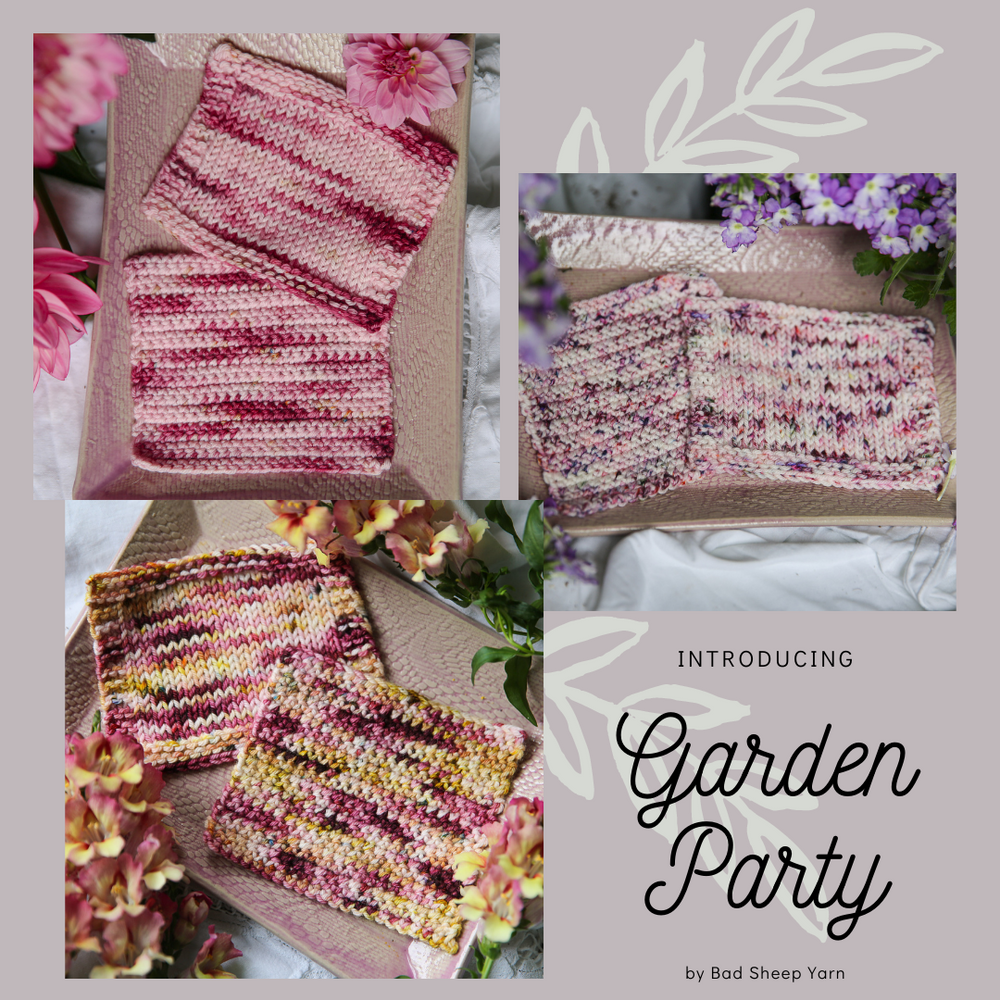 knitted swatches in pink and purple hues with floral pattern